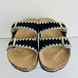 NWT Niki Slip On Sandals Women's 10 Black Double Strap Gold Buckles Embroidered